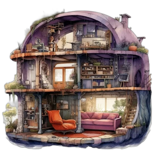 furniture, building, concept art, fantasy art, 3d render, watercolor, earth tones, colorful transparent PNG cut-out