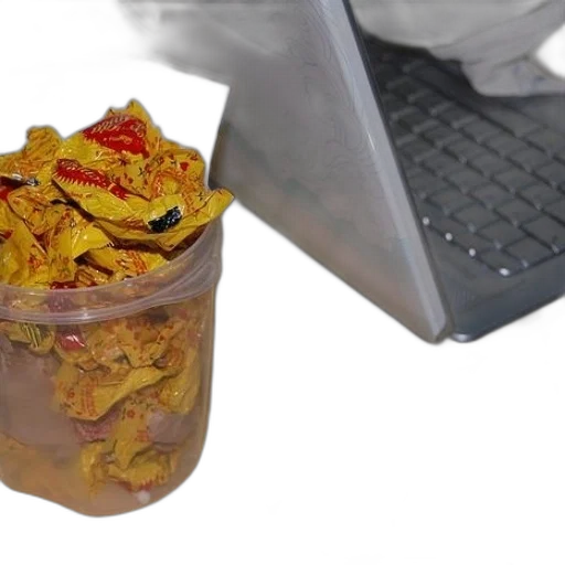food, 3d render, plastic, container, filled, yellow, wrappers, sits transparent PNG cut-out