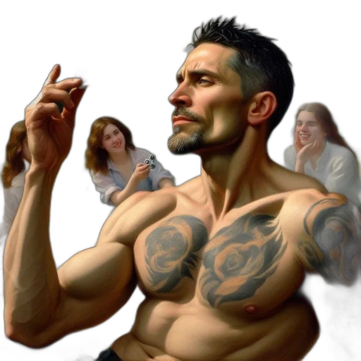 concept art, photorealistic, fantasy art, comic book art, muscular, man, tattoos, holds transparent PNG cut-out
