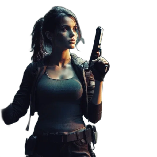 weapon, concept art, comic book art, photorealistic, pixel art, intense-looking, woman, dressed transparent PNG cut-out