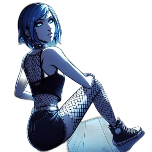dress, comic book art, concept art, cartoon, cyberpunk, neon lights, blue, monochrome transparent PNG cut-out