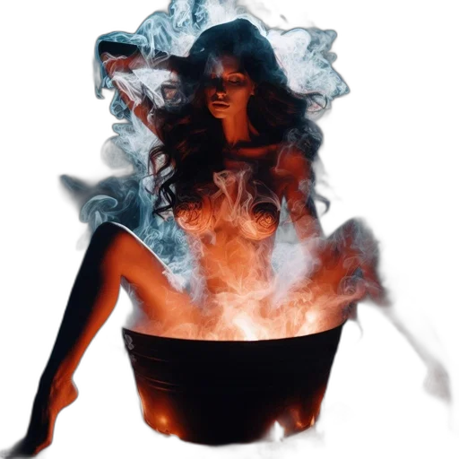 food, mask, concept art, photorealistic, fire, woman, sits, near transparent PNG cut-out