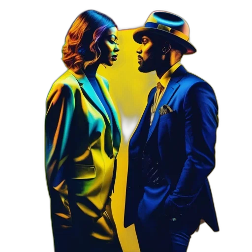 jacket, hat, concept art, comic book art, neon lights, fire, two, individuals transparent PNG cut-out