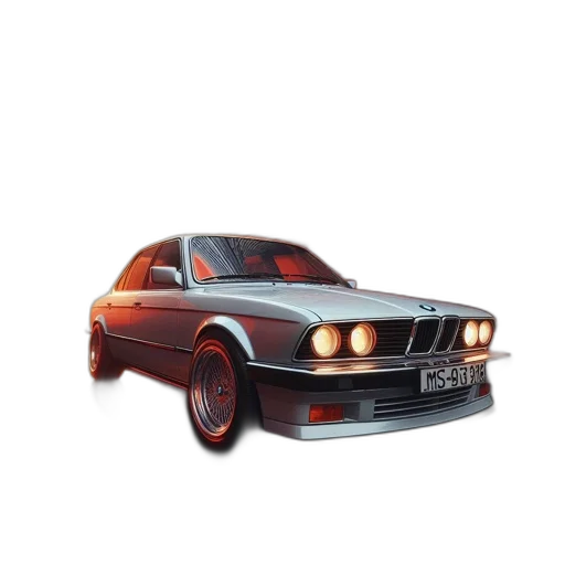 car, photorealistic, 3d render, concept art, pixel art, white, bmw, license transparent PNG cut-out