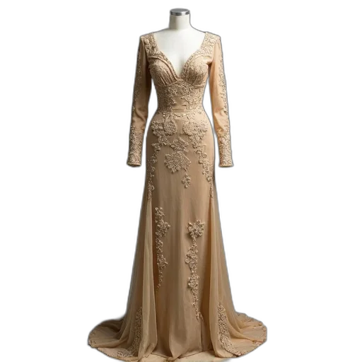 dress, earth tones, golden, mannequin, displays, beige, long-sleeved, floor-length transparent PNG cut-out