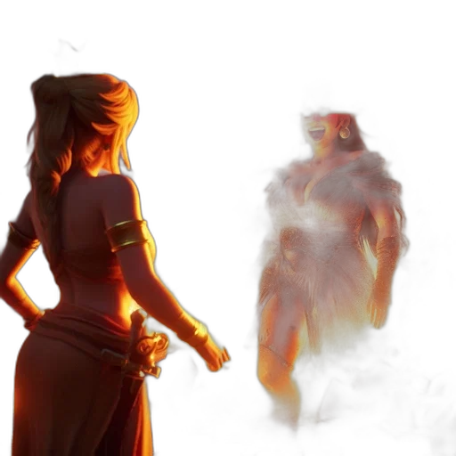 dress, concept art, fantasy art, comic book art, 3d render, fire, fog, sunset transparent PNG cut-out