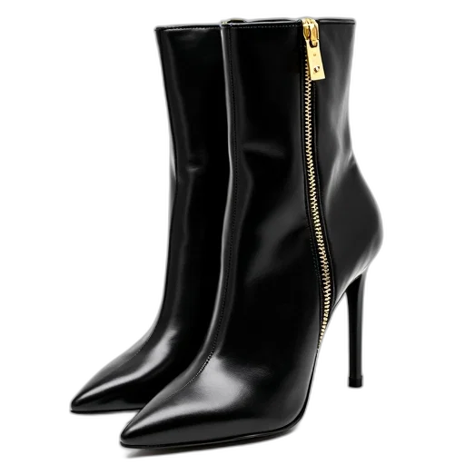 shoes, pair, black, high-heeled, boots, shiny, finish, gold transparent PNG cut-out