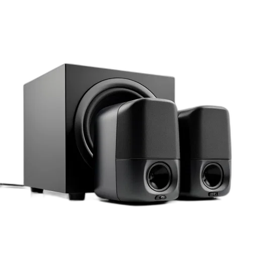 3d render, sleek, modern, speaker, system, two, speakers, subwoofer transparent PNG cut-out
