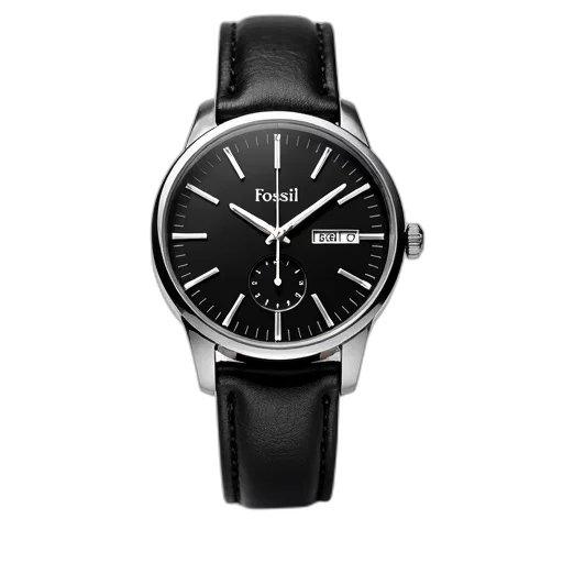 monochrome, black, silver, wristwatch, leather, strap, displayed, against transparent PNG cut-out