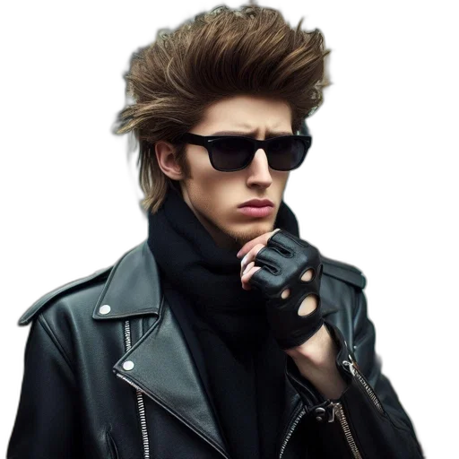 jacket, hair, face, photorealistic, cyberpunk, cartoon, 3d render, dark transparent PNG cut-out