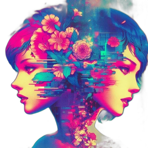 face, flower, mask, vaporwave, anime, concept art, fantasy art, neon lights transparent PNG cut-out