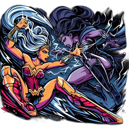 comic book art, concept art, fantasy art, pixel art, fire, two, female, superheroes transparent PNG cut-out
