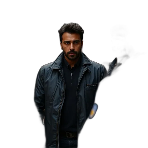 jacket, staff, weapon, face, concept art, comic book art, photorealistic, pixel art transparent PNG cut-out
