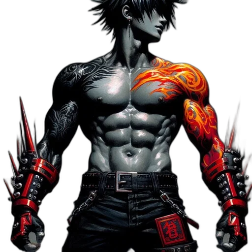 weapon, comic book art, concept art, cyberpunk, fantasy art, red, imposing, tattooed transparent PNG cut-out