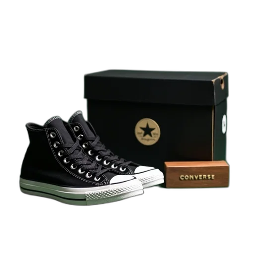 shoes, pair, black, high-top, sneakers, converse, logo, side transparent PNG cut-out