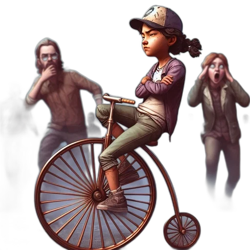 concept art, fantasy art, photorealistic, comic book art, girl, rides, vintage, bike transparent PNG cut-out