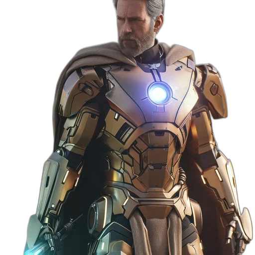 robot, weapon, jacket, staff, concept art, 3d render, comic book art, cyberpunk transparent PNG cut-out