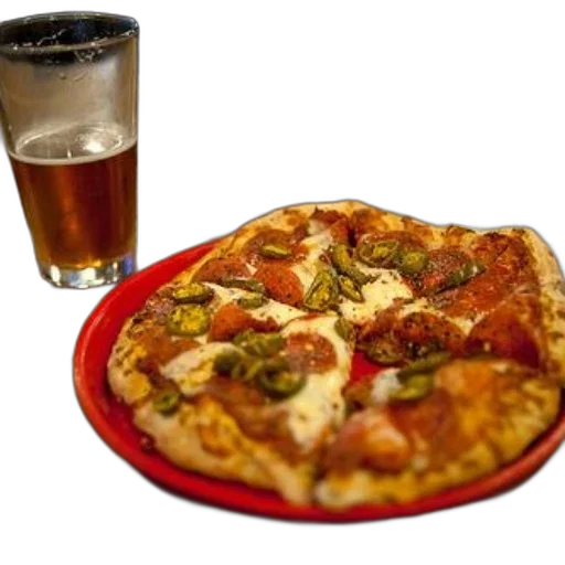food, 3d render, delicious, pizza, jalapeños, refreshing, beer, rustic transparent PNG cut-out