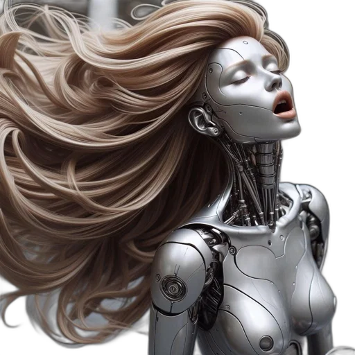 robot, hair, cyberpunk, comic book art, concept art, photorealistic, humanoid, flowing transparent PNG cut-out