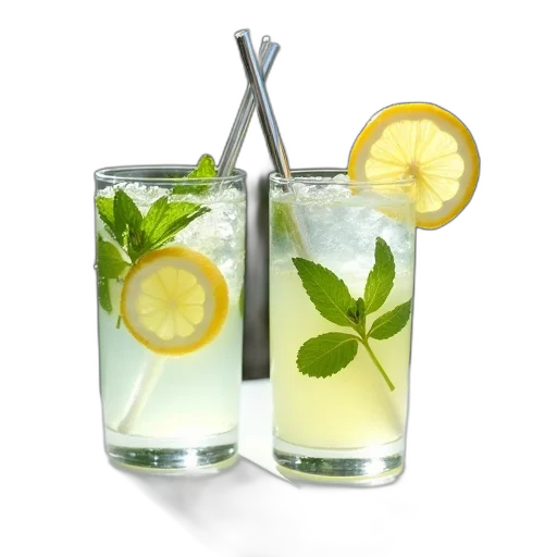 food, 3d render, photorealistic, two, glasses, lemonade, mint, leaves transparent PNG cut-out