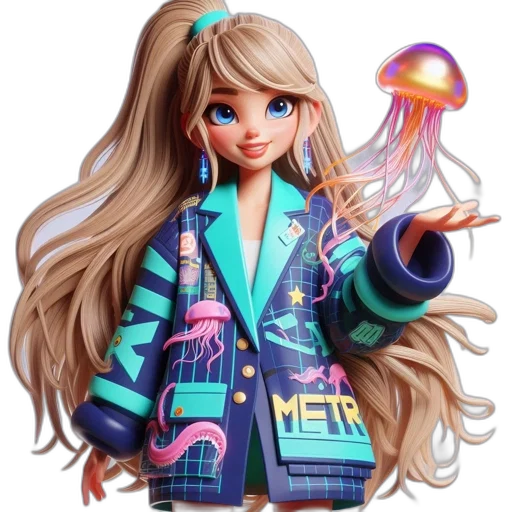 jacket, jewelry, hair, cartoon, 3d render, concept art, fantasy art, neon transparent PNG cut-out