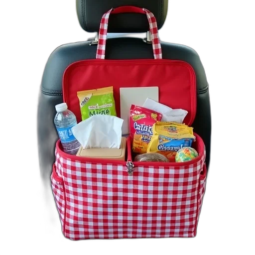 car, seat, red, white, picnic-themed, storage, bag, attached transparent PNG cut-out