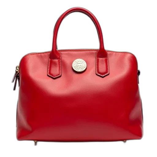 red, leather, handbag, shiny, finish, circular, logo, front transparent PNG cut-out