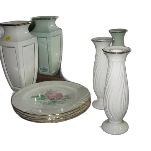 furniture, 3d render, display, elegant, porcelain, vases, plates, floral transparent PNG cut-out