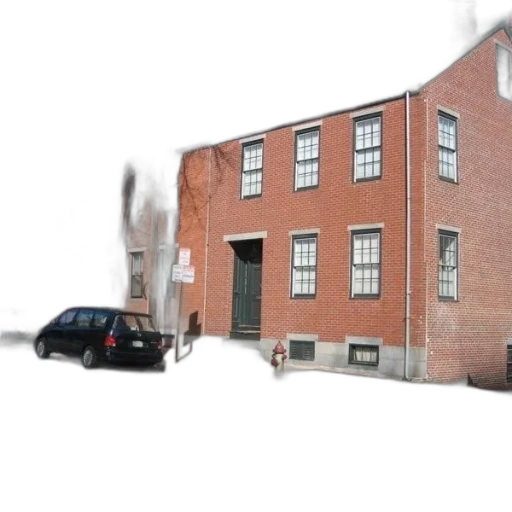 building, 3d render, photorealistic, city street, snow, row, red, brick transparent PNG cut-out