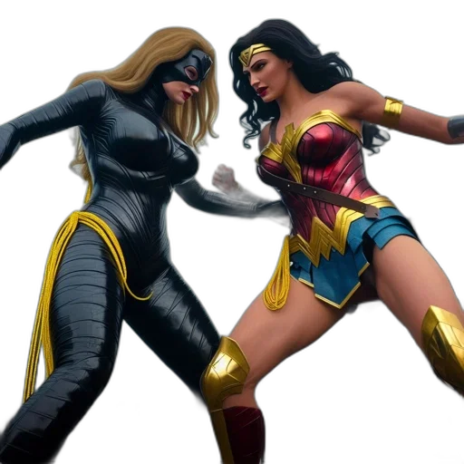 comic book art, concept art, 3d render, two, female, superheroes, engage, dynamic transparent PNG cut-out