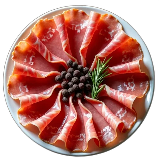 food, crown, photorealistic, plate, thinly, sliced, prosciutto, arranged transparent PNG cut-out