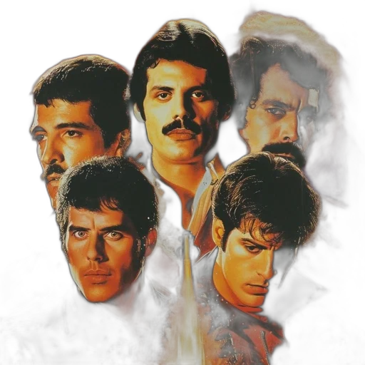 photorealistic, comic book art, fog, fire, montage, five, males, each transparent PNG cut-out