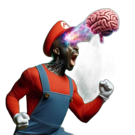 mask, hat, robot, staff, concept art, 3d render, vaporwave, mario transparent PNG cut-out