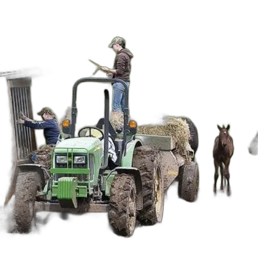 animal, person, stands, top, green, tractor, hay, bales transparent PNG cut-out