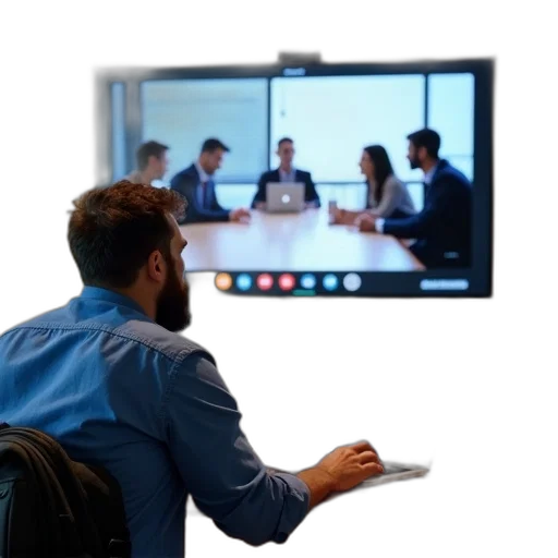 staff, man, sitting, desk, laptop, front, him, looking transparent PNG cut-out