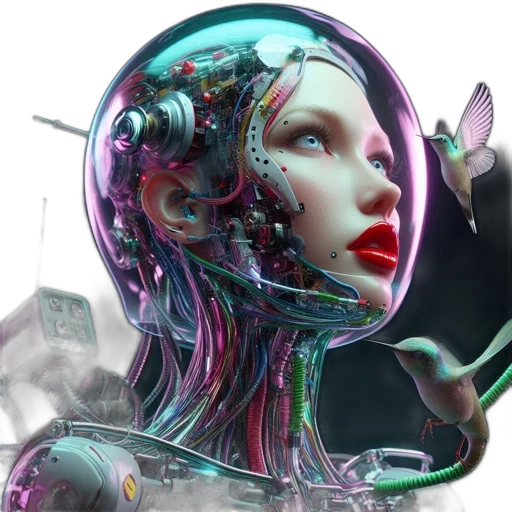 robot, face, cyberpunk, concept art, 3d render, fantasy art, outer space, intricately transparent PNG cut-out