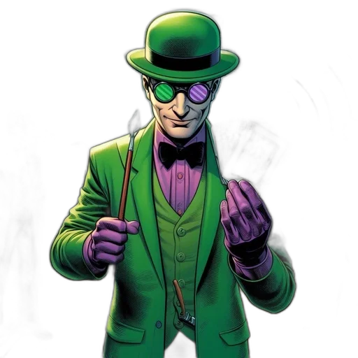 comic book art, concept art, green, green-suited, character, hat, glasses, holds transparent PNG cut-out