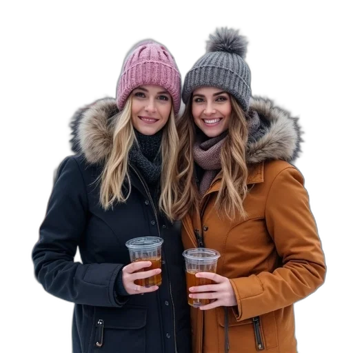 hat, jacket, snow, earth tones, two, women, standing, snowy transparent PNG cut-out