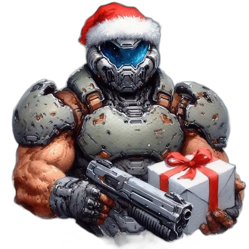 robot, weapon, concept art, pixel art, armored, figure, donning, santa transparent PNG cut-out