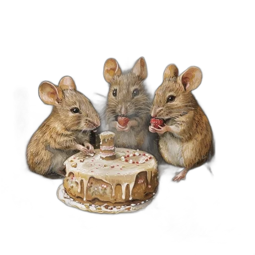 food, photorealistic, 3d render, three, mice, surround, cake, white transparent PNG cut-out