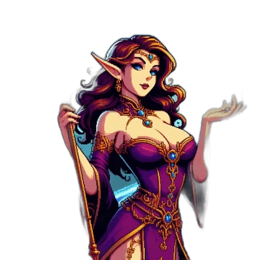 dress, staff, fantasy art, pixel art, concept art, comic book art, dark, female transparent PNG cut-out