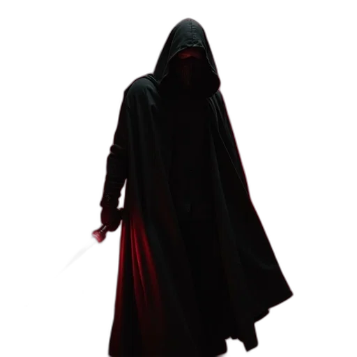 staff, mask, jacket, sword, concept art, 3d render, pixel art, red transparent PNG cut-out