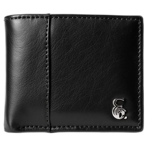 black, leather, wallet, textured, surface, silver, logo, front transparent PNG cut-out