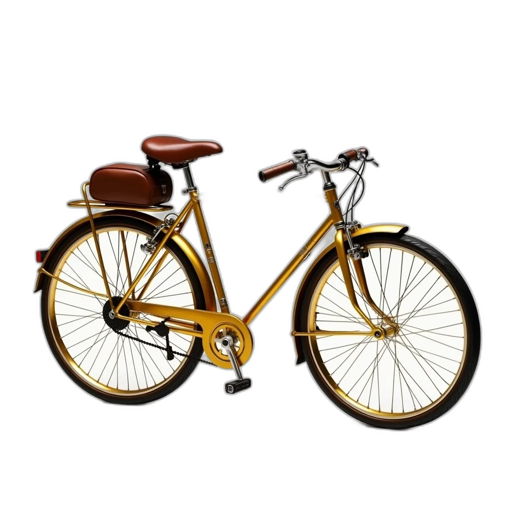 3d render, photorealistic, concept art, golden, gold-colored, bicycle, brown, leather transparent PNG cut-out