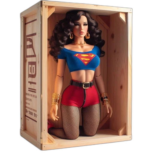 comic book art, concept art, 3d render, doll, styled, supergirl, wooden, box transparent PNG cut-out