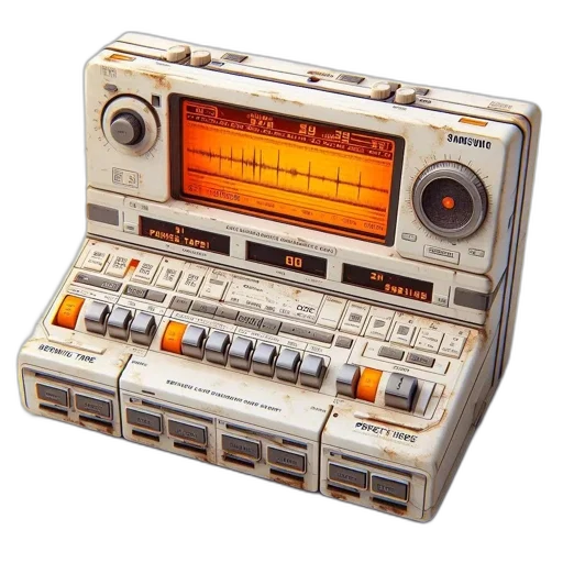 robot, retro-inspired, portable, music, player, waveform, display, modern transparent PNG cut-out