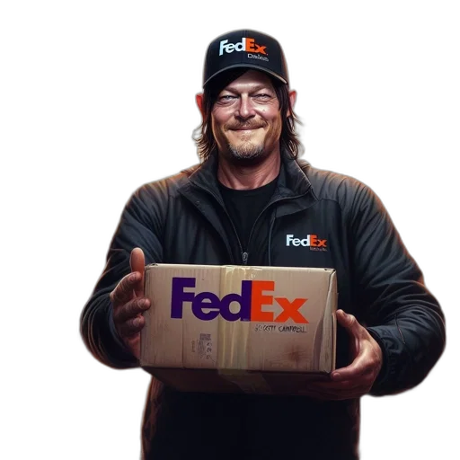 post-apocalyptic, landscape, fedex, courier, beard, smile, delivers, package transparent PNG cut-out