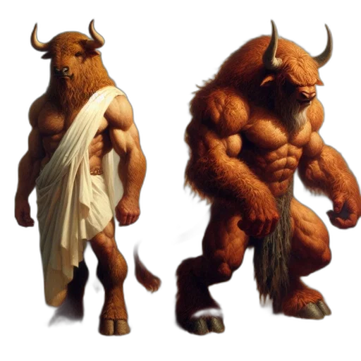 animal, concept art, fantasy art, 3d render, comic book art, two, bull-headed, anthropomorphic transparent PNG cut-out