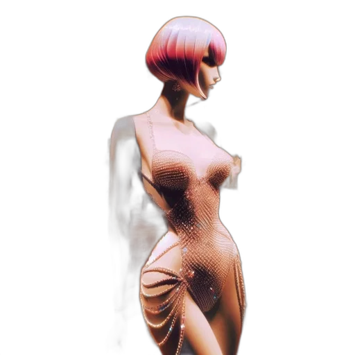 dress, hair, mask, crown, 3d render, vaporwave, concept art, photorealistic transparent PNG cut-out