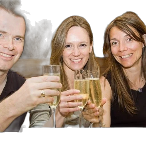 staff, photorealistic, 3d render, three, people, raising, champagne, glasses transparent PNG cut-out